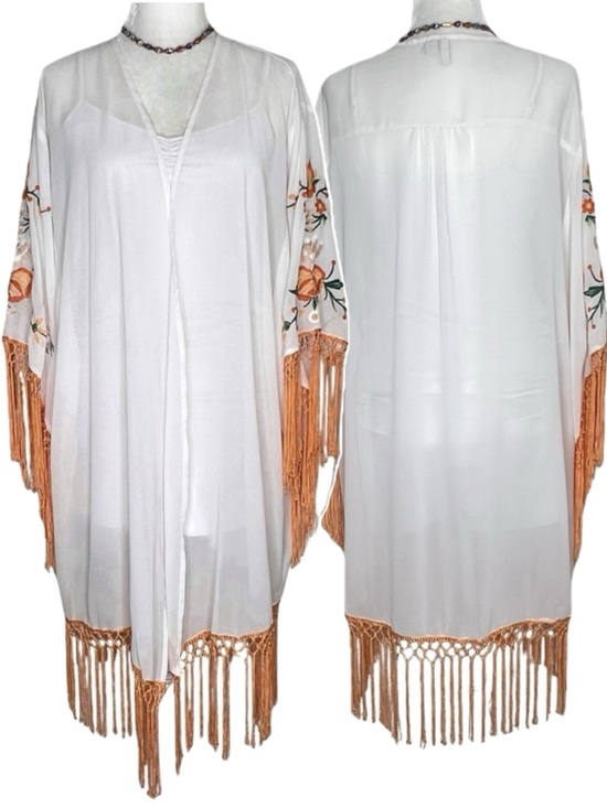 Cato Other - Fringe Kimono Floral Boho Festival Embroidered White Orange Flowers Medium Cato